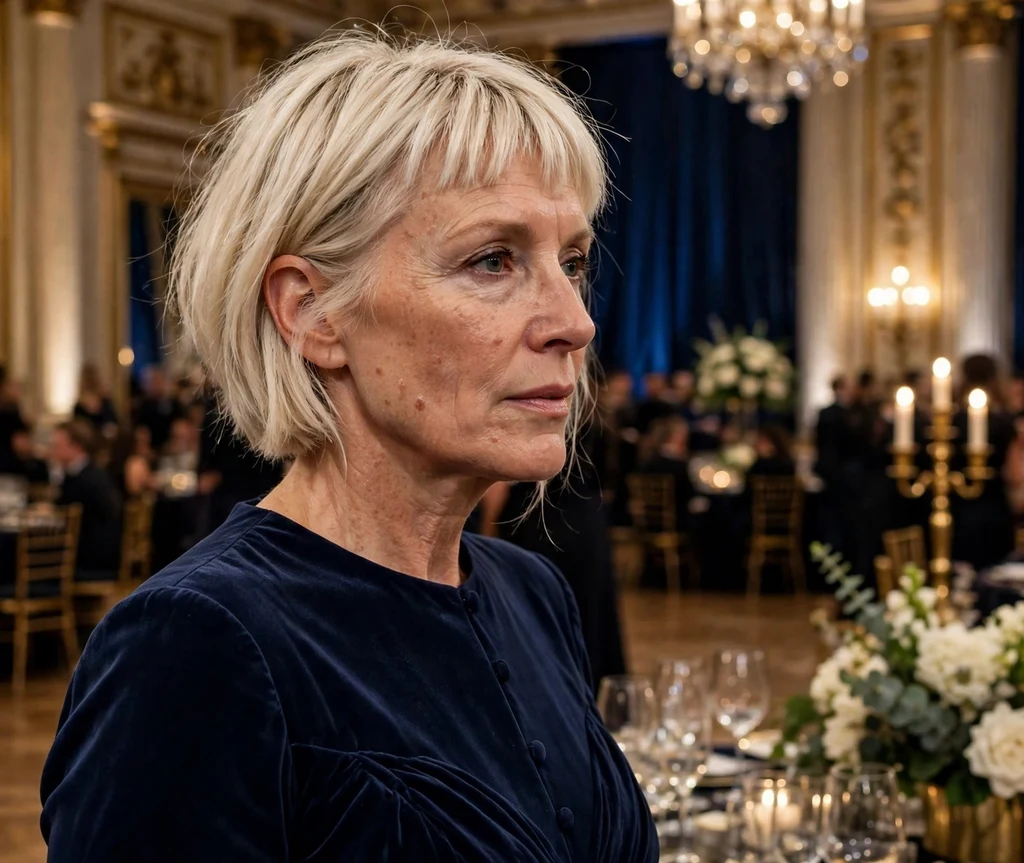 Stacked bob with baby bangs on platinum blonde hair, woman in her late 50s, navy evening gown, gala ballroom