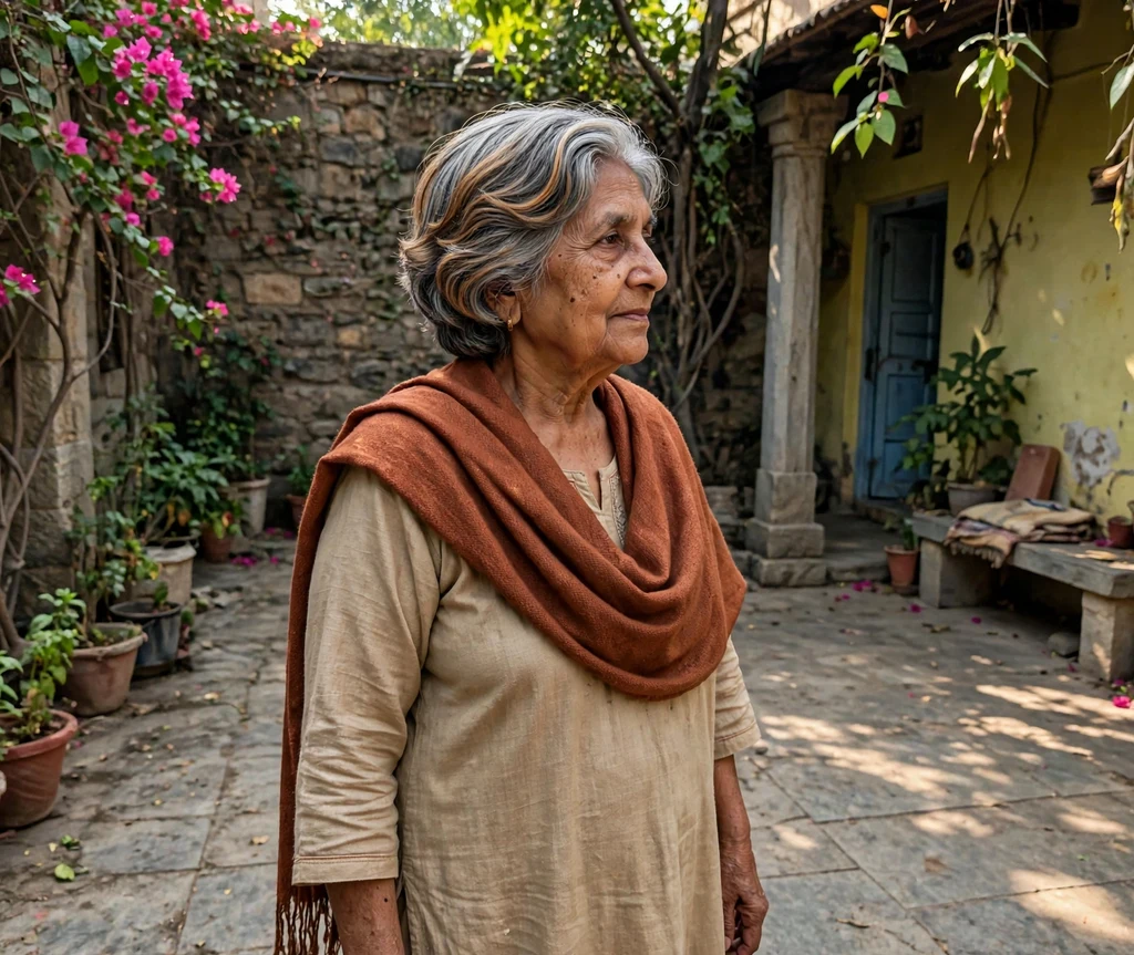 Stacked bob with soft balayage on gray hair, South Asian woman in her mid 70s, gray hair, rust-colored shawl, courtyard