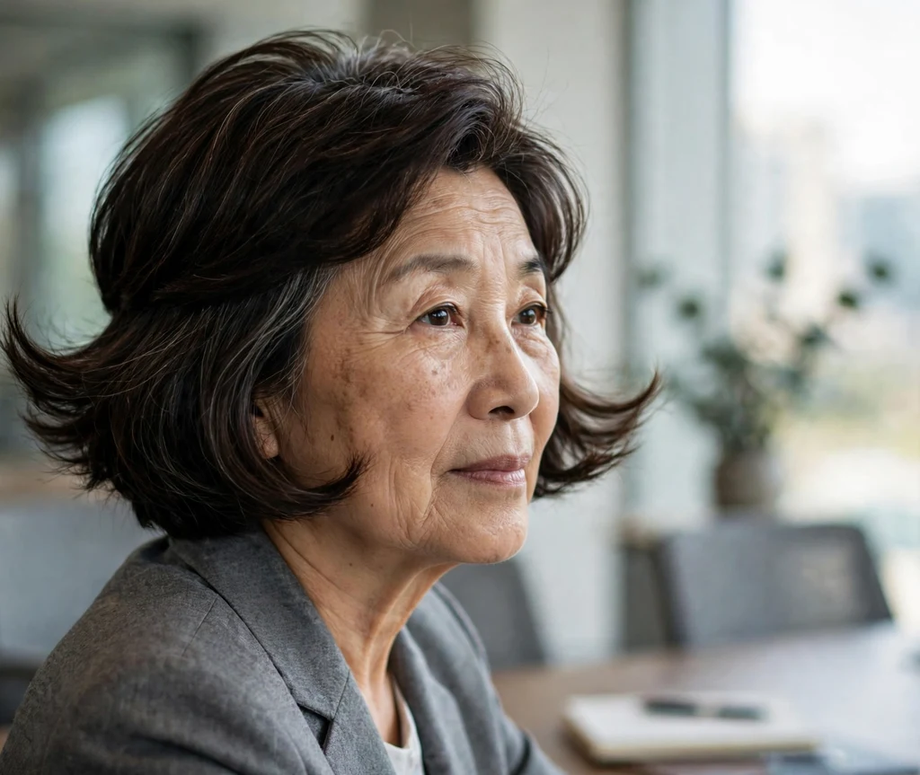 Stacked bob with flipped-out ends on dark brown hair, East Asian woman in her mid 60s, gray suit, conference room
