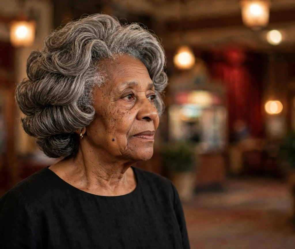 Natural curly stacked bob on gray coils, Black woman in her early 70s, black dress, theater lobby