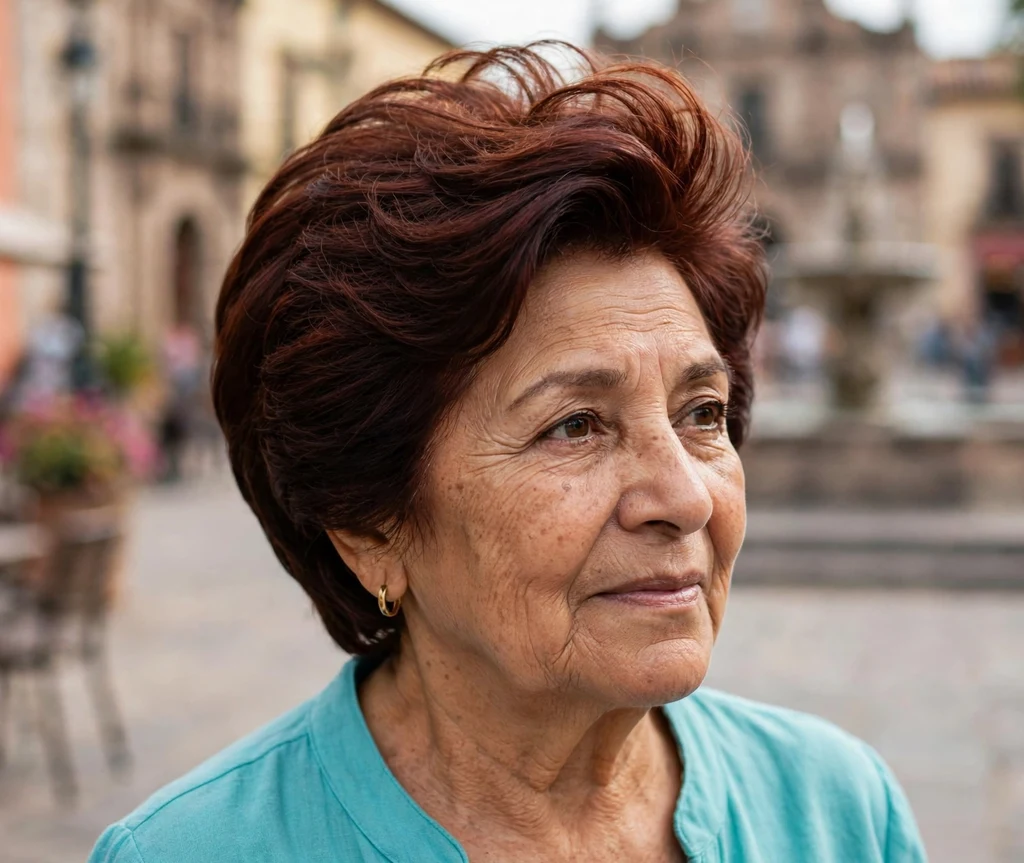 Stacked bob with crown volume on dark auburn hair, Latina woman in her late 60s, turquoise top, town plaza
