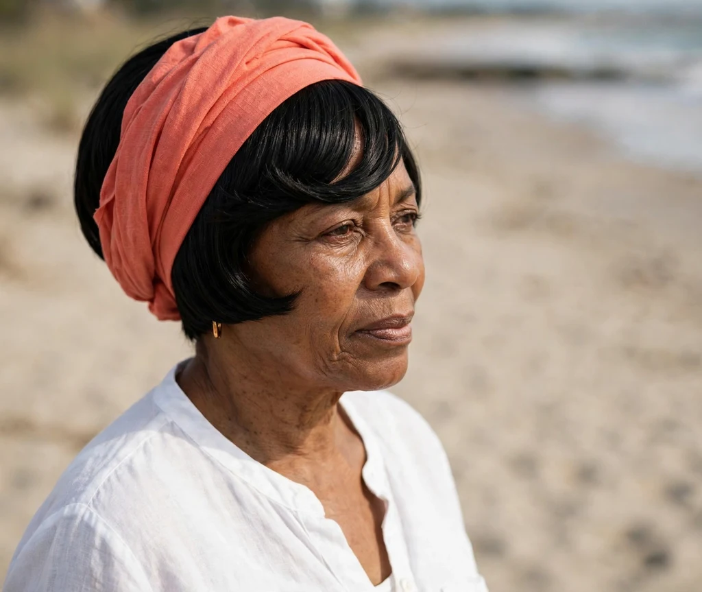 Polished swoop stacked bob on jet black hair, Black woman in her mid 60s, coral headwrap and white top, sandy beach