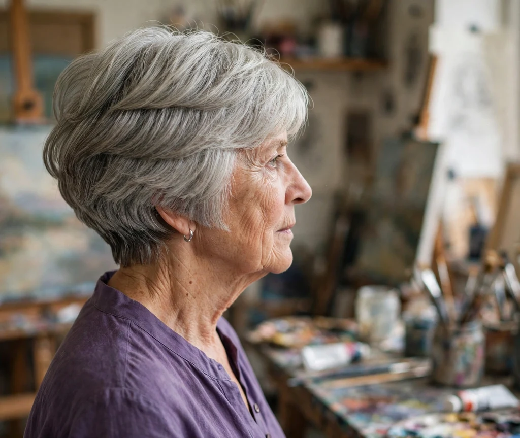 Layered wedge stacked bob on silver hair, woman in her late 60s, purple blouse, art studio