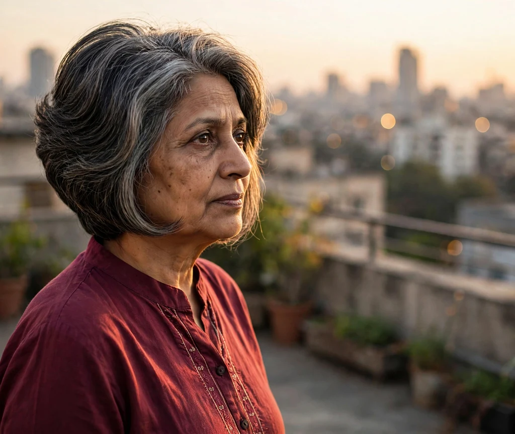 Stacked bob with long front pieces on salt-and-pepper hair, South Asian woman in her early 60s, maroon kurta, rooftop terrace