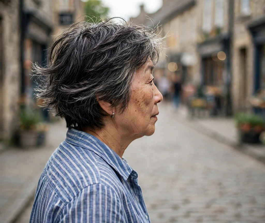 Wispy textured stacked bob on dark hair with gray streaks, East Asian woman in her late 60s, striped shirt, old town street