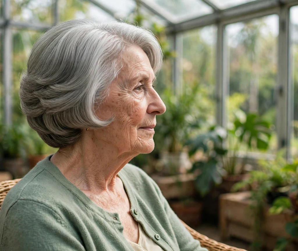 Elegant smooth stacked bob on ash gray hair, woman in her mid 70s, sage green cardigan, bright conservatory