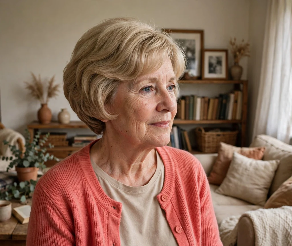 Classic short stacked bob haircut on an older woman with blonde hair