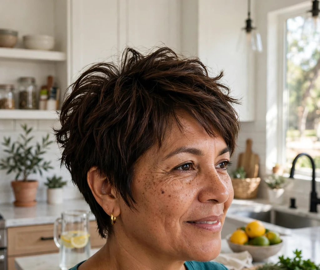 Layered stacked pixie haircut on an older Latina woman