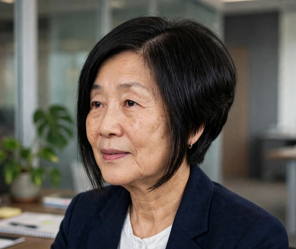 Inverted stacked bob haircut on an older East Asian woman