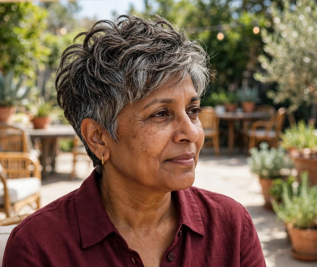 Textured stacked crop haircut on an older South Asian woman