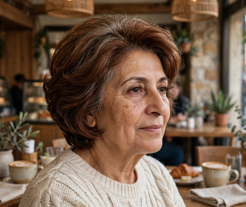 Graduated stacked bob haircut on an older Middle Eastern woman