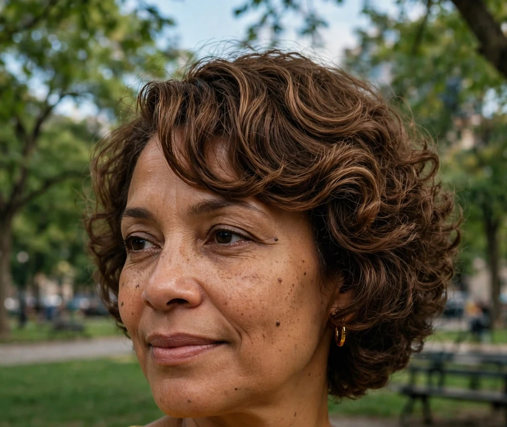 Stacked bob with side-swept bangs on an older mixed-race woman