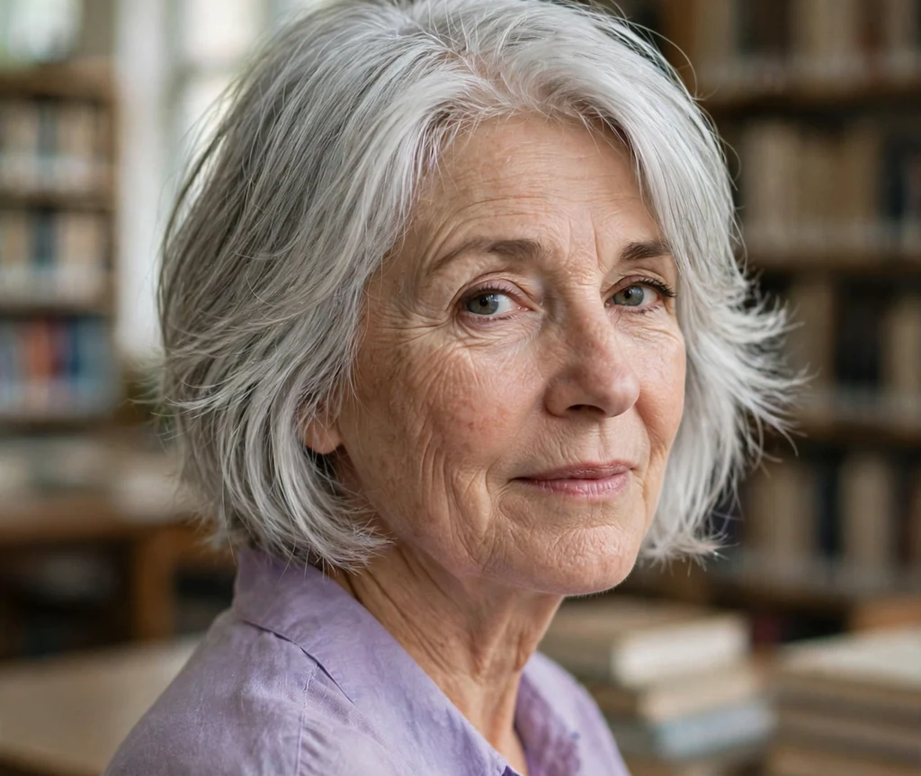 Wispy stacked bob haircut on an older woman with silver hair