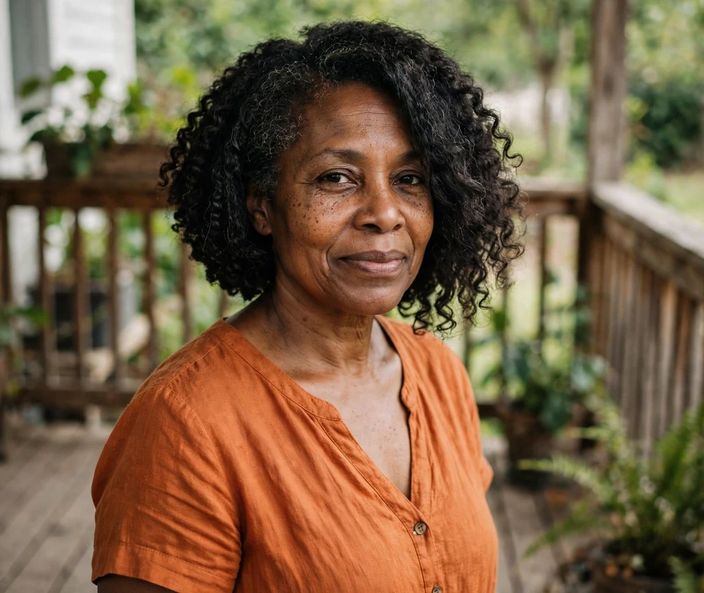 Stacked A-line bob haircut on an older Black woman