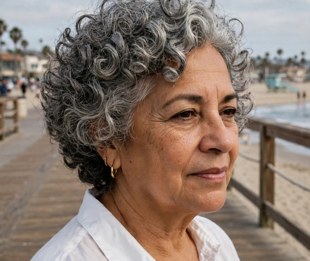 Curly stacked bob haircut on an older Latina woman with gray curls