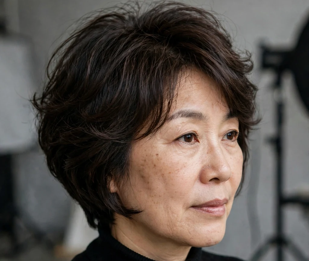 Feathered stacked bob haircut on an older East Asian woman