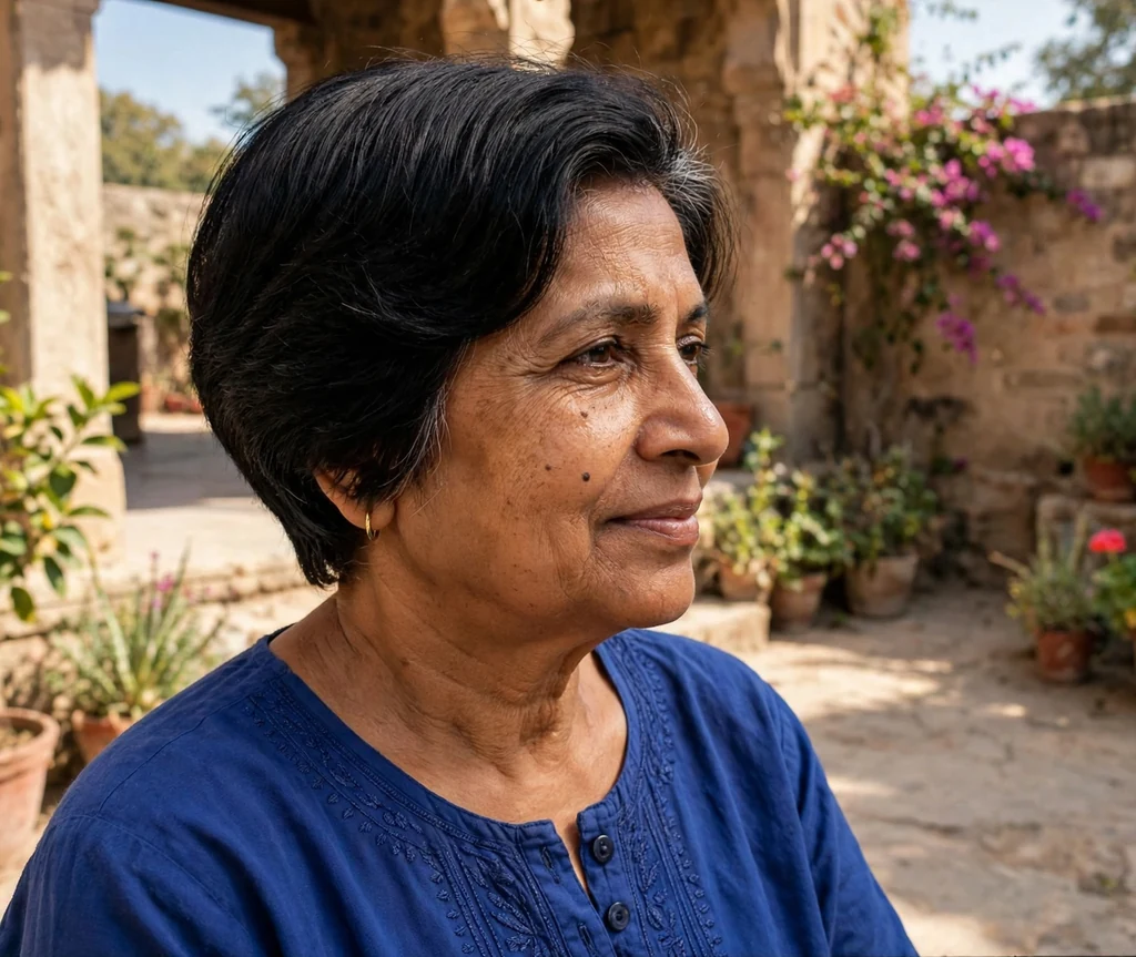 Stacked bob with tapered nape on an older South Asian woman