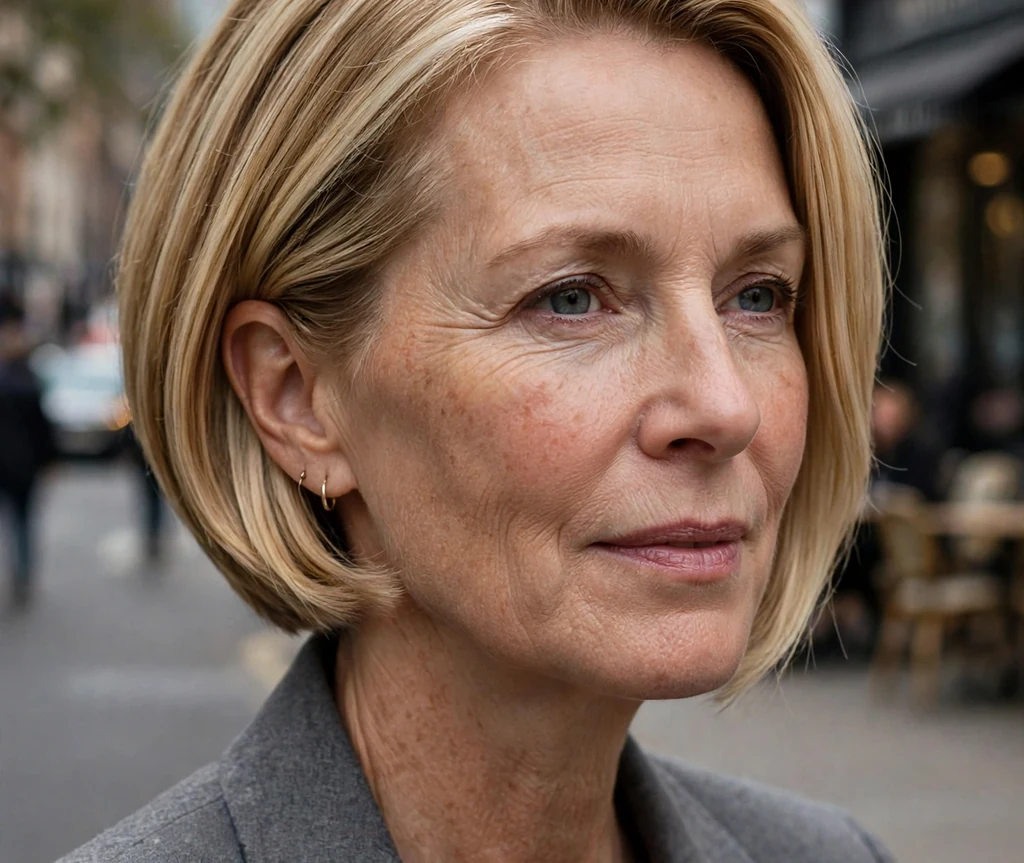 Sleek polished stacked bob haircut on an older woman with blonde hair