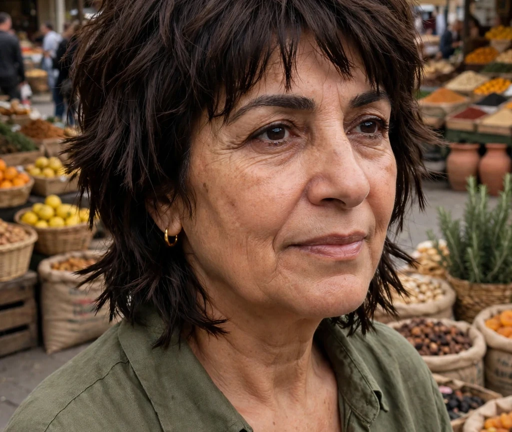 Choppy stacked bob haircut on an older Middle Eastern woman