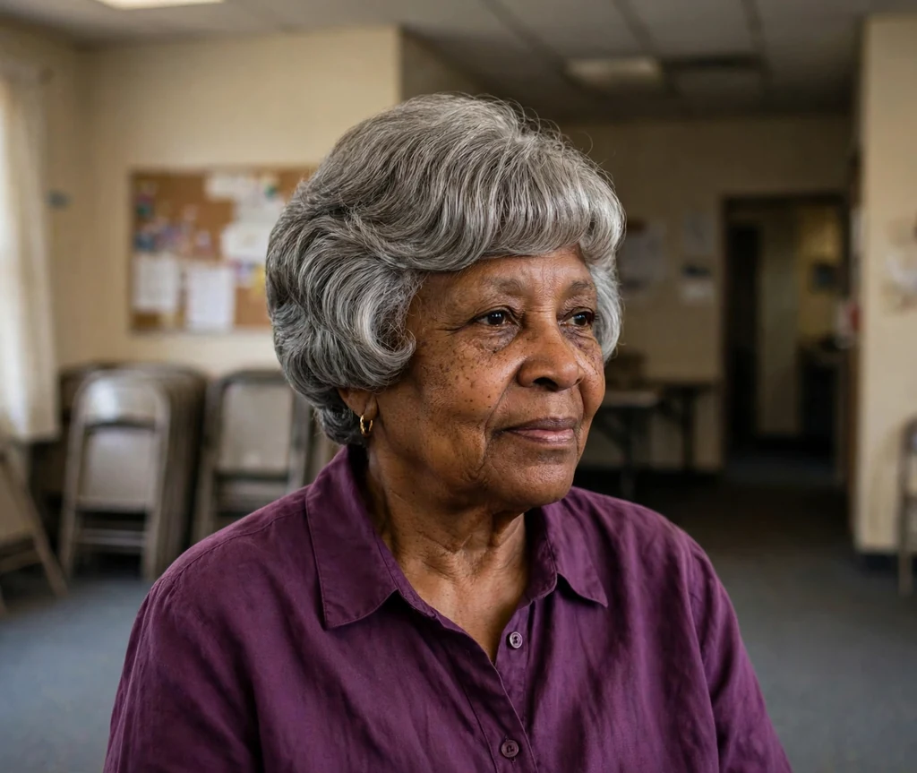 Stacked wedge haircut on an older Black woman with gray hair