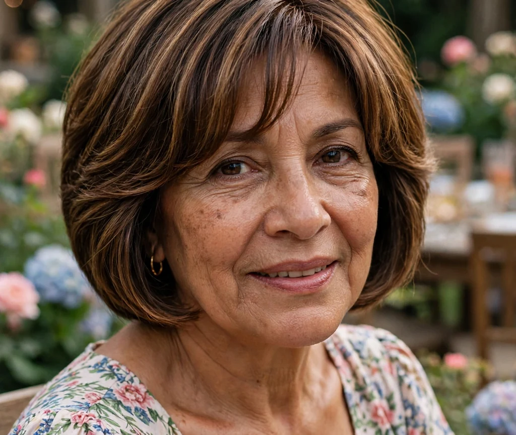 Stacked bob with curtain bangs on an older Latina woman