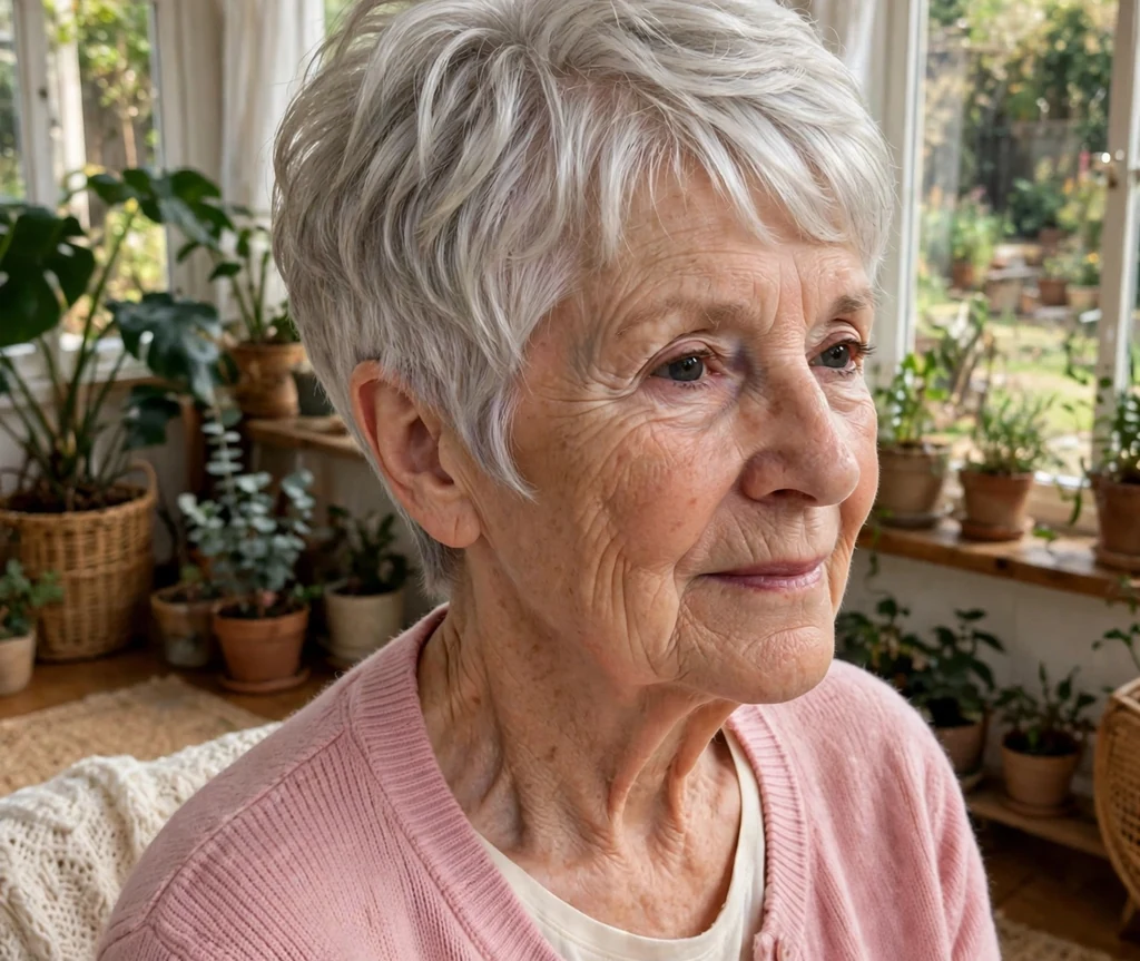 Tapered pixie-stacked bob haircut on an older woman with silver hair