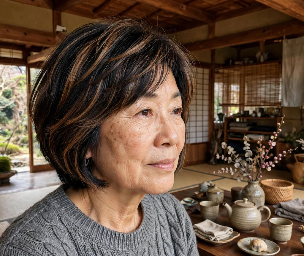 Stacked bob with dimensional highlights on an older East Asian woman
