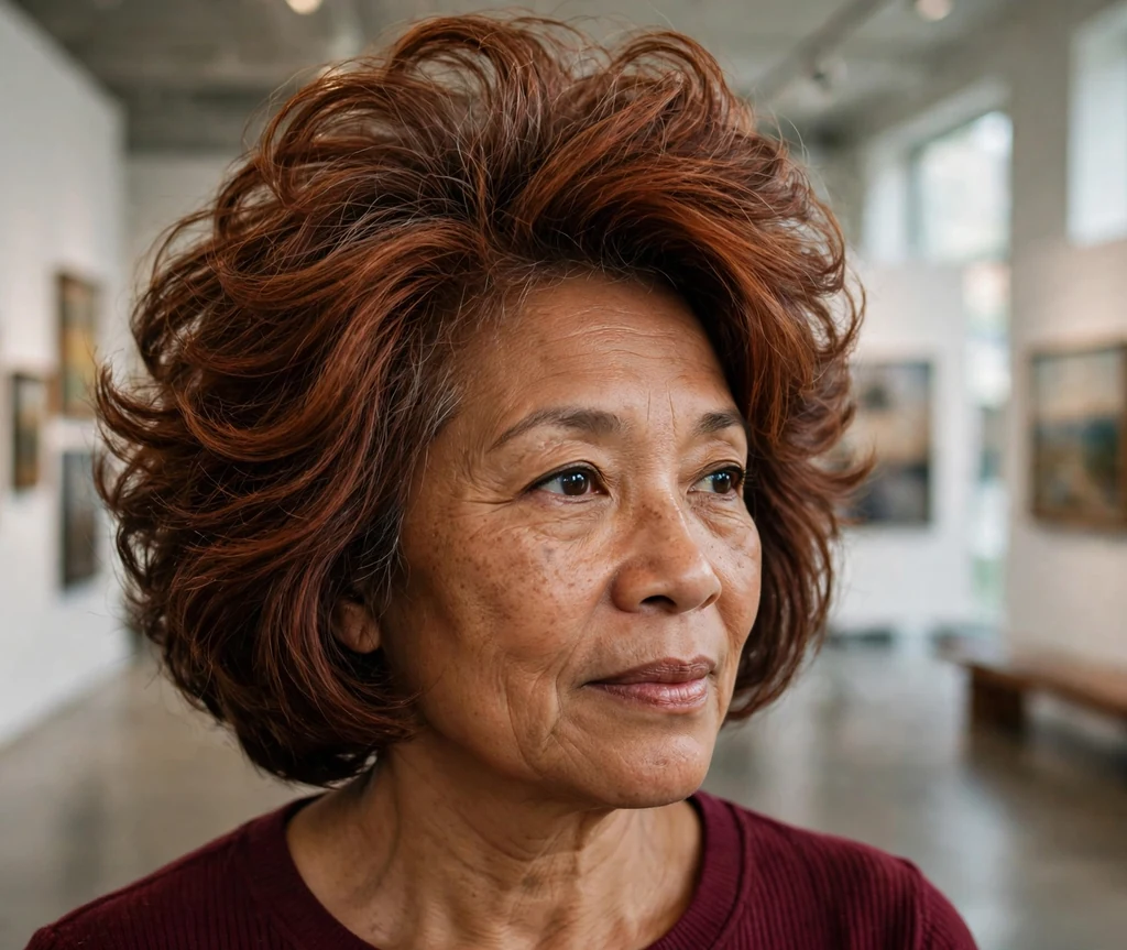 Voluminous crown stacked bob haircut on an older mixed-race woman