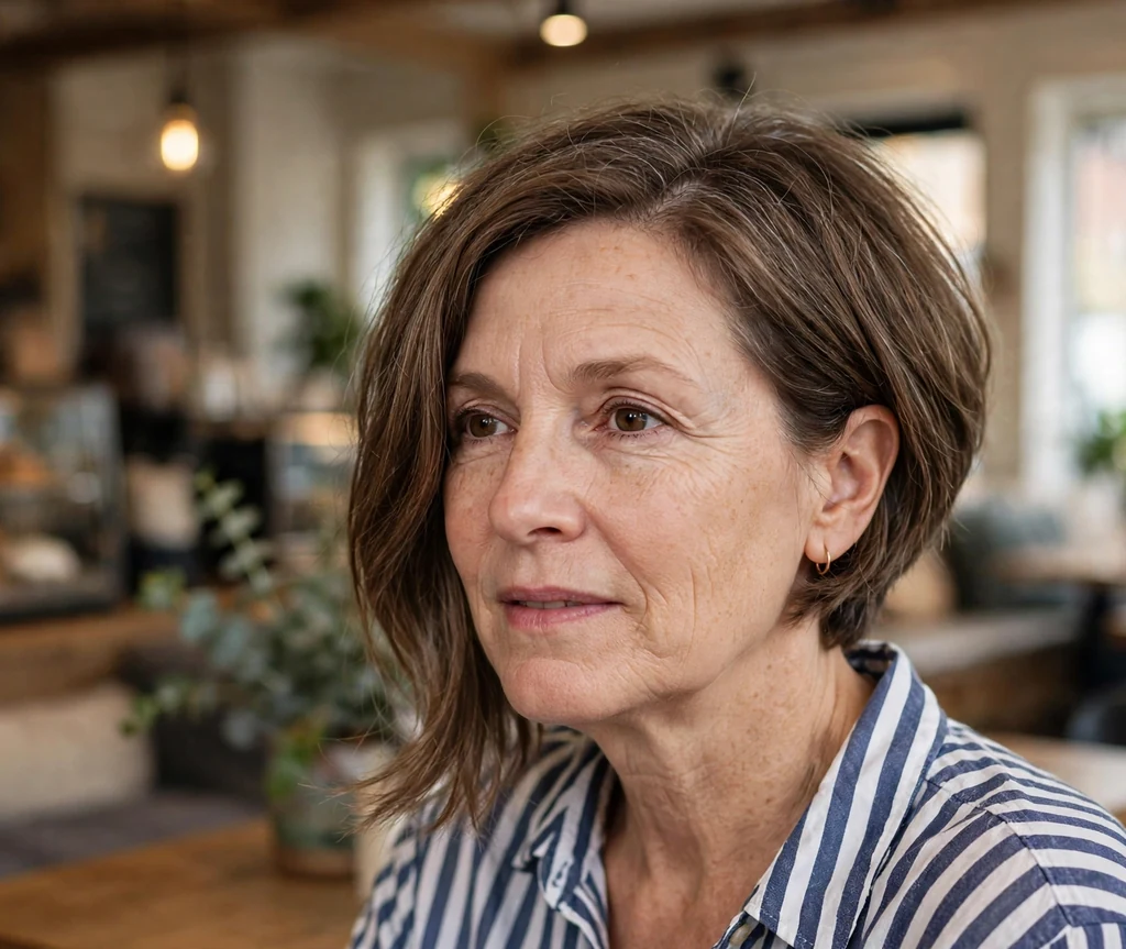 Asymmetric stacked bob haircut on an older woman with brown hair