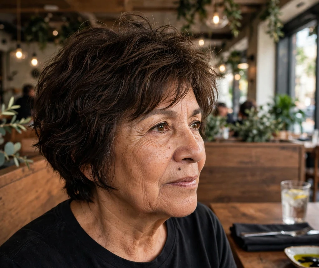 Tousled stacked bob haircut on an older Latina woman