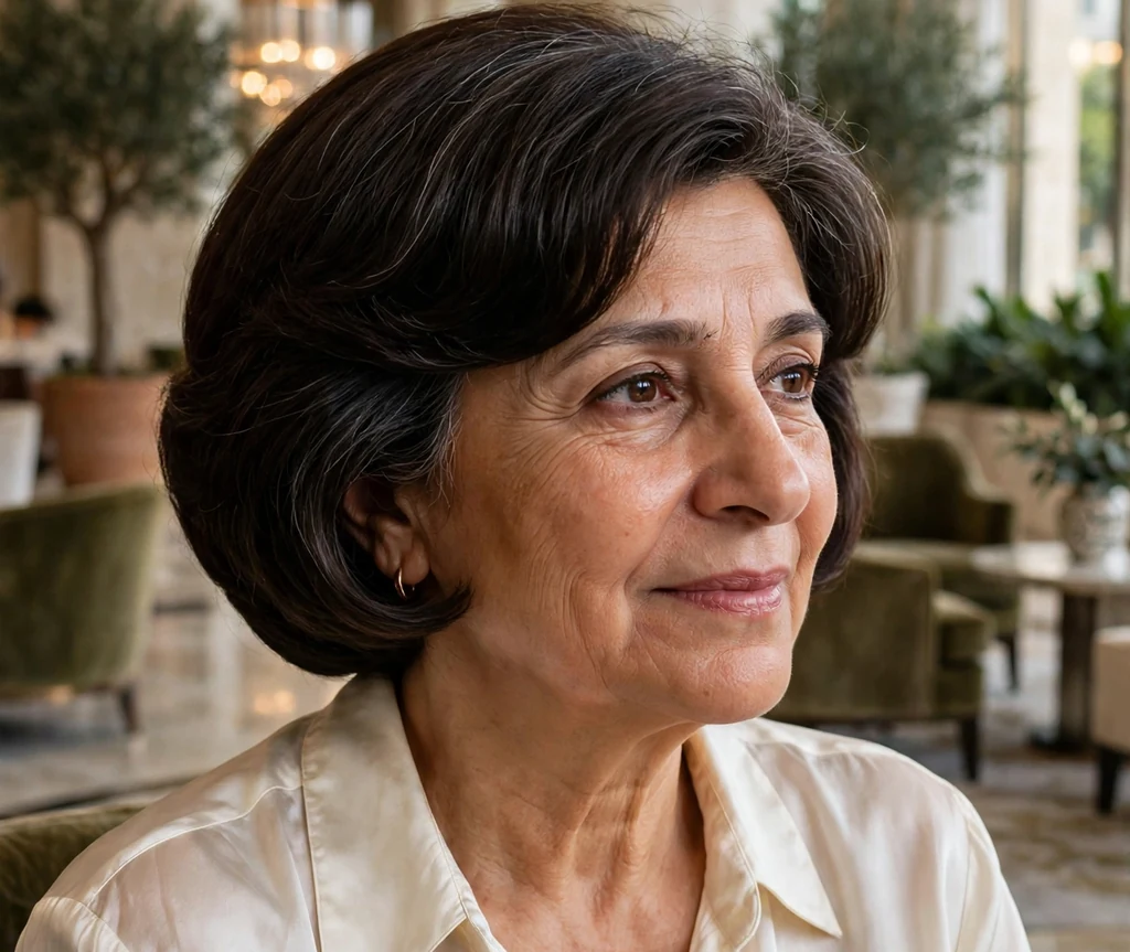 Rounded stacked bowl bob haircut on an older Middle Eastern woman