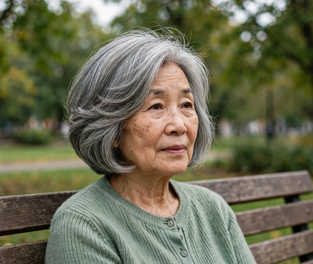 Elegant layered stacked bob haircut on an older East Asian woman with gray hair