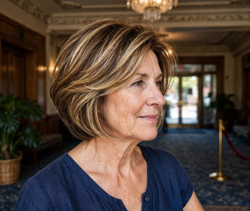 Stacked bob with balayage highlights on an older woman
