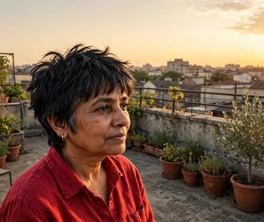 Short stacked shag haircut on an older South Asian woman