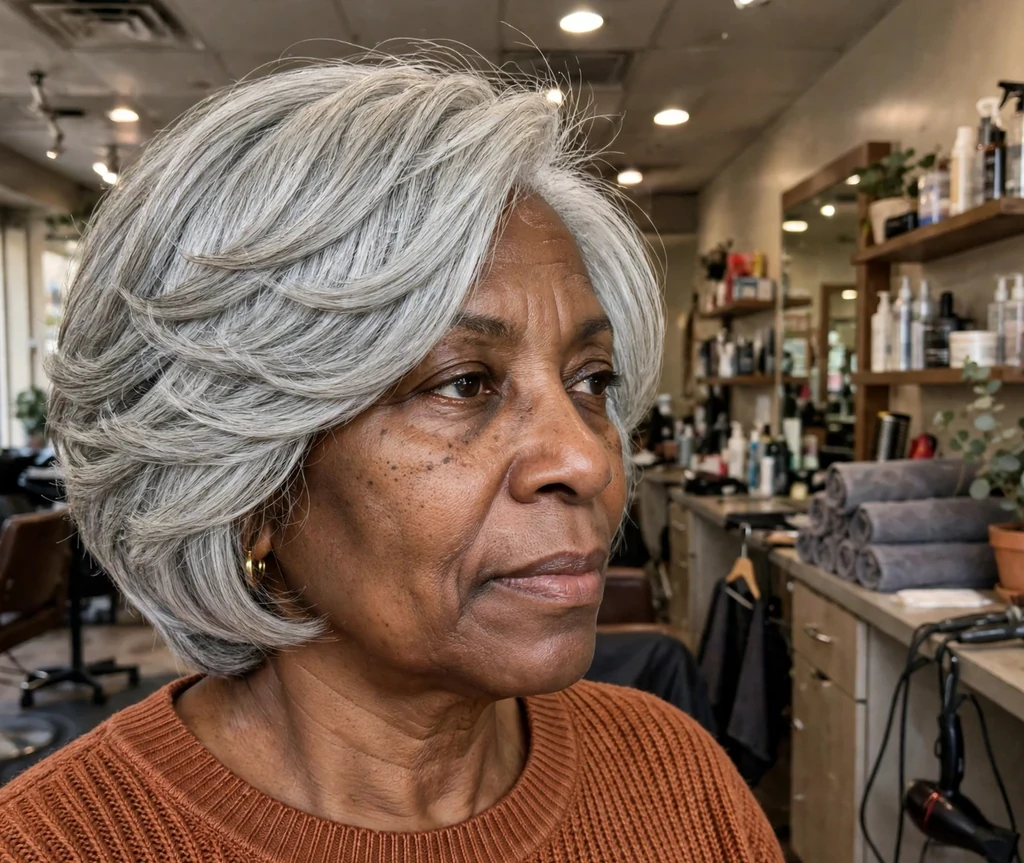 Silver stacked bob haircut on an older Black woman with gray hair