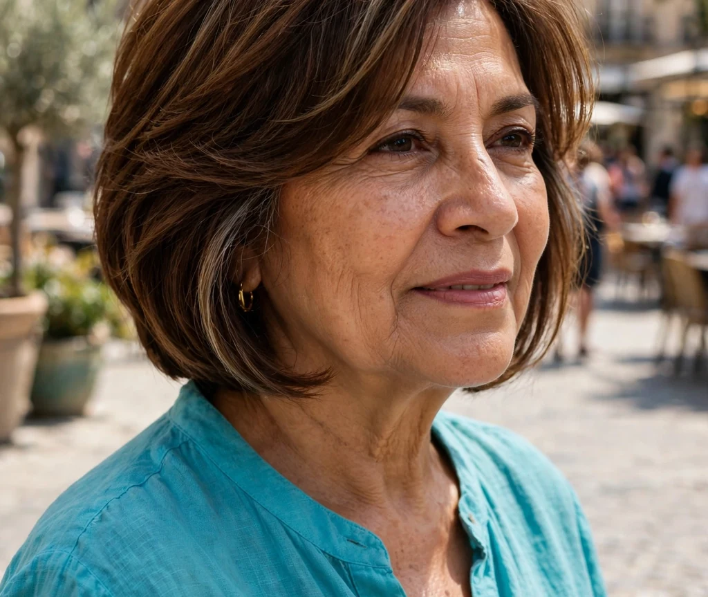 Stacked bob with face-framing layers on an older Latina woman