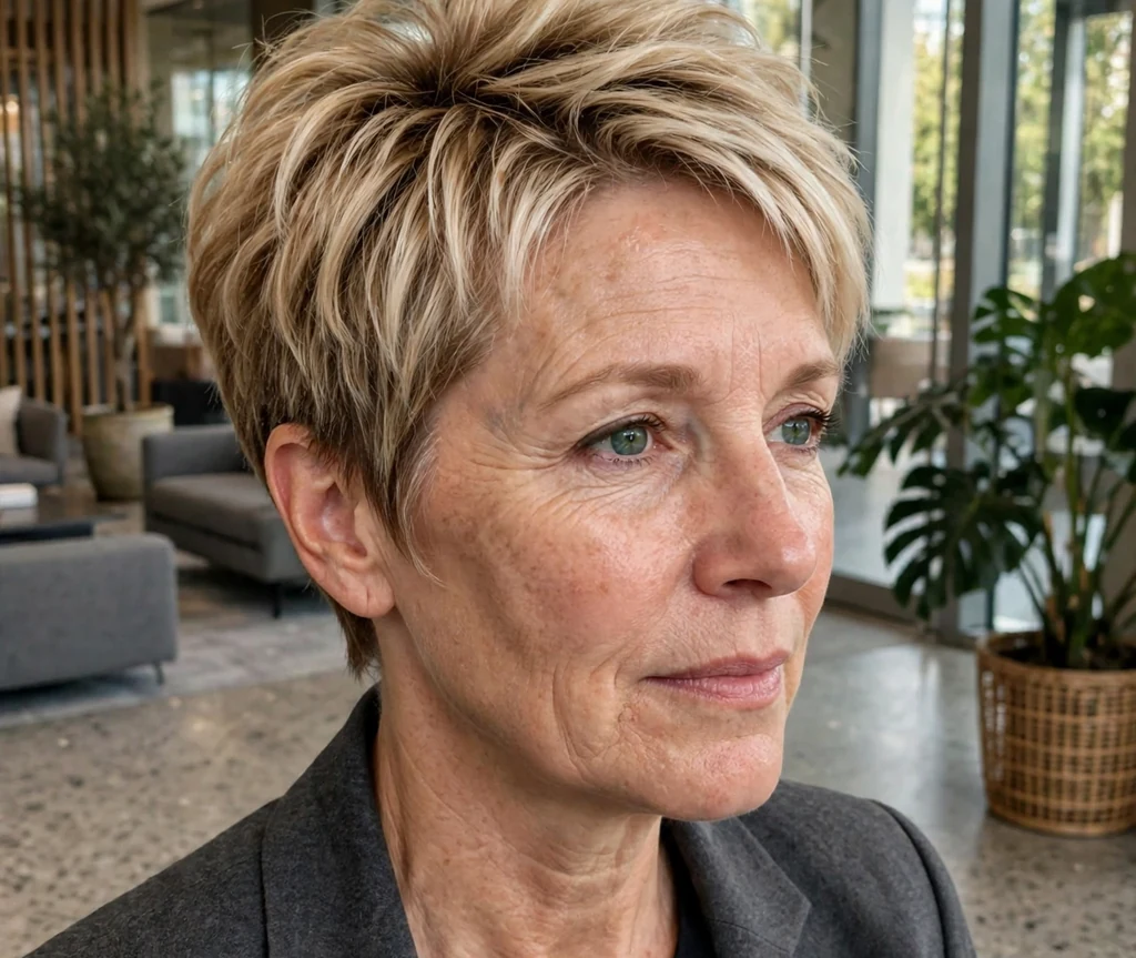Pixie-stacked hybrid haircut on an older woman with blonde hair