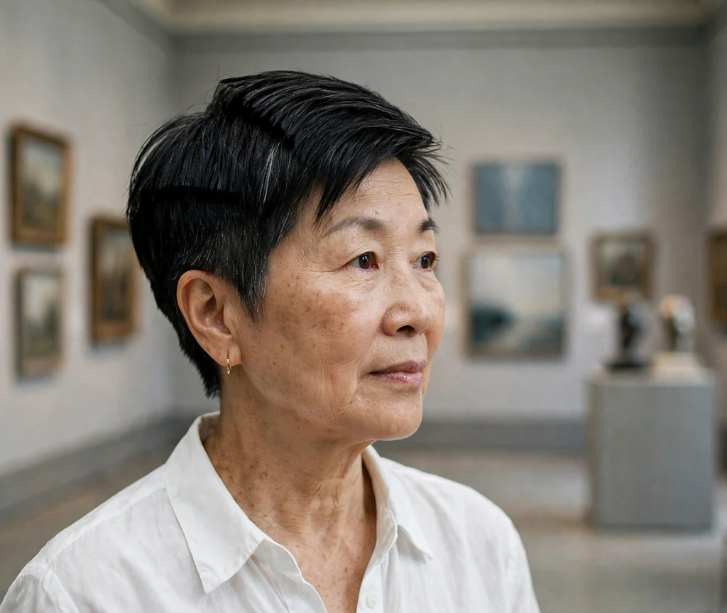 Modern stacked crop haircut on an older East Asian woman