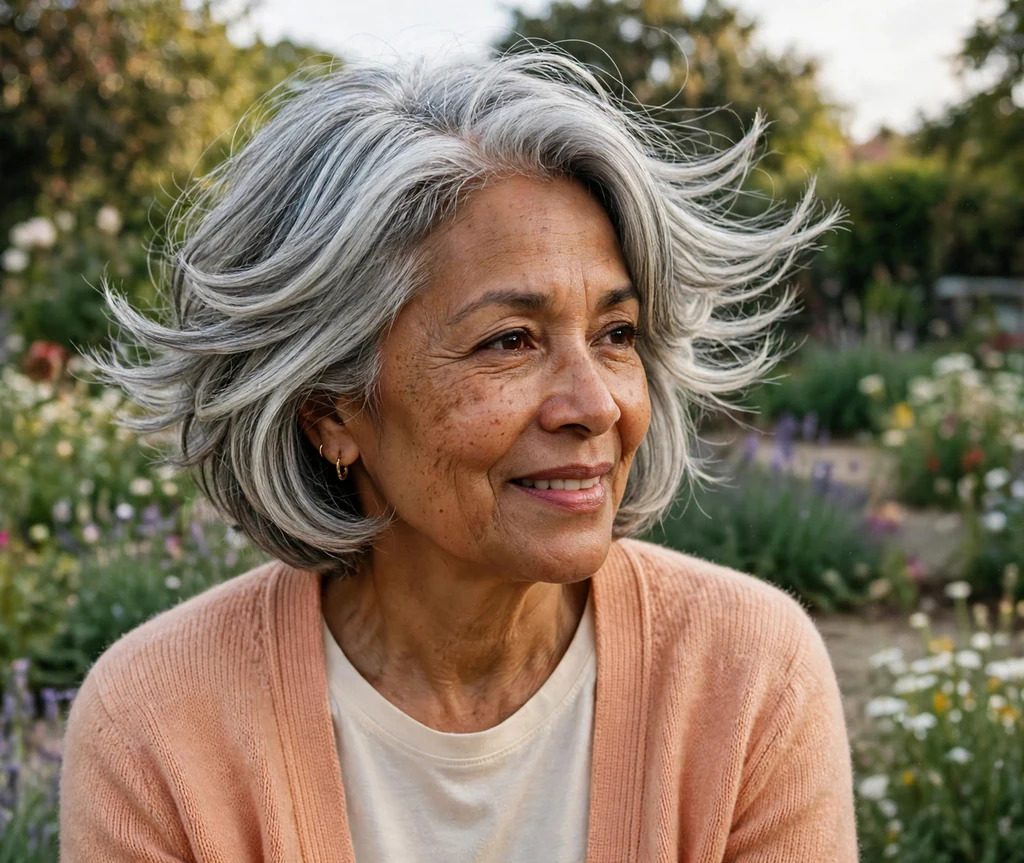 Sophisticated layered stacked bob haircut on an older mixed-race woman with silver hair