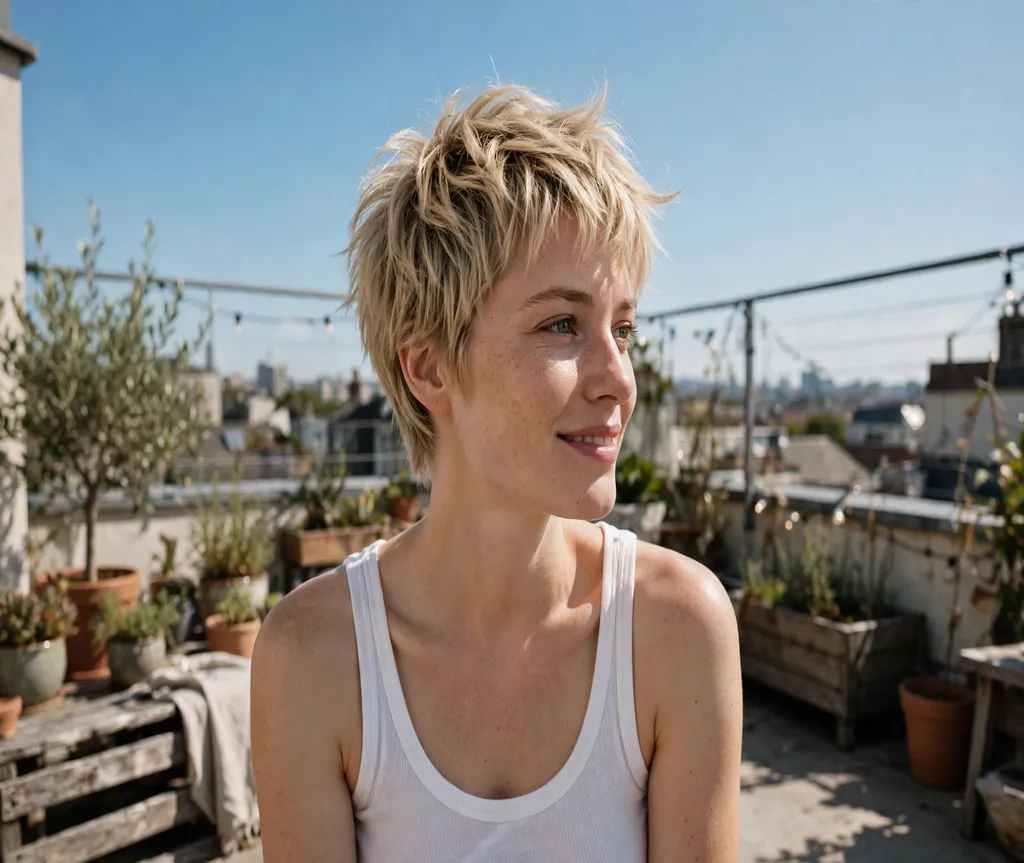 Woman with a classic textured pixie on a sunny rooftop terrace