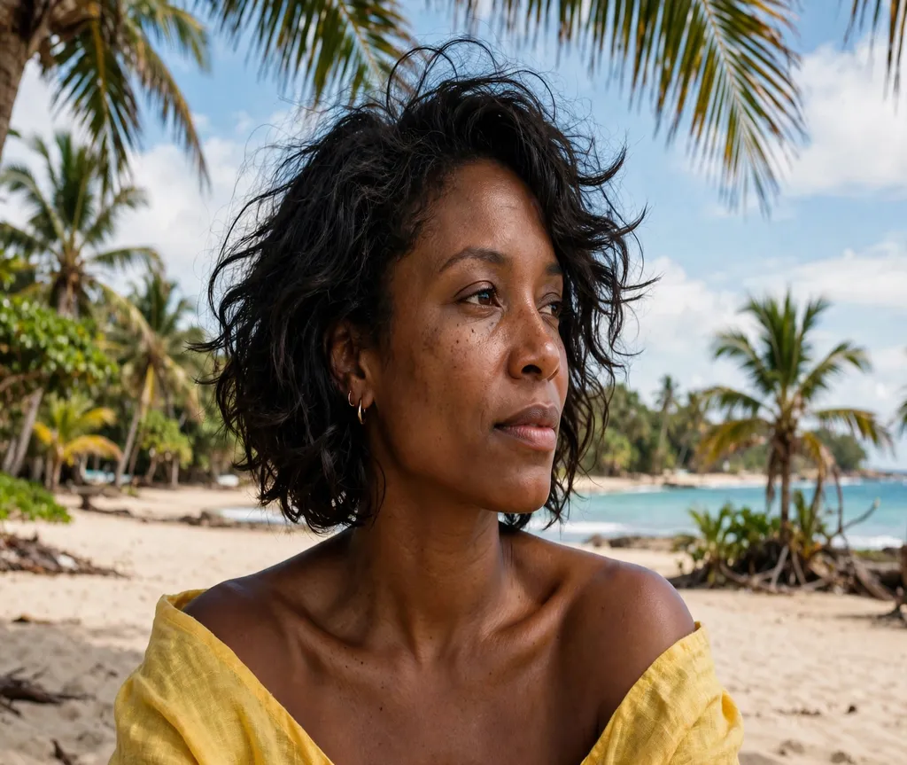 Woman with a tousled summer bob at the beach