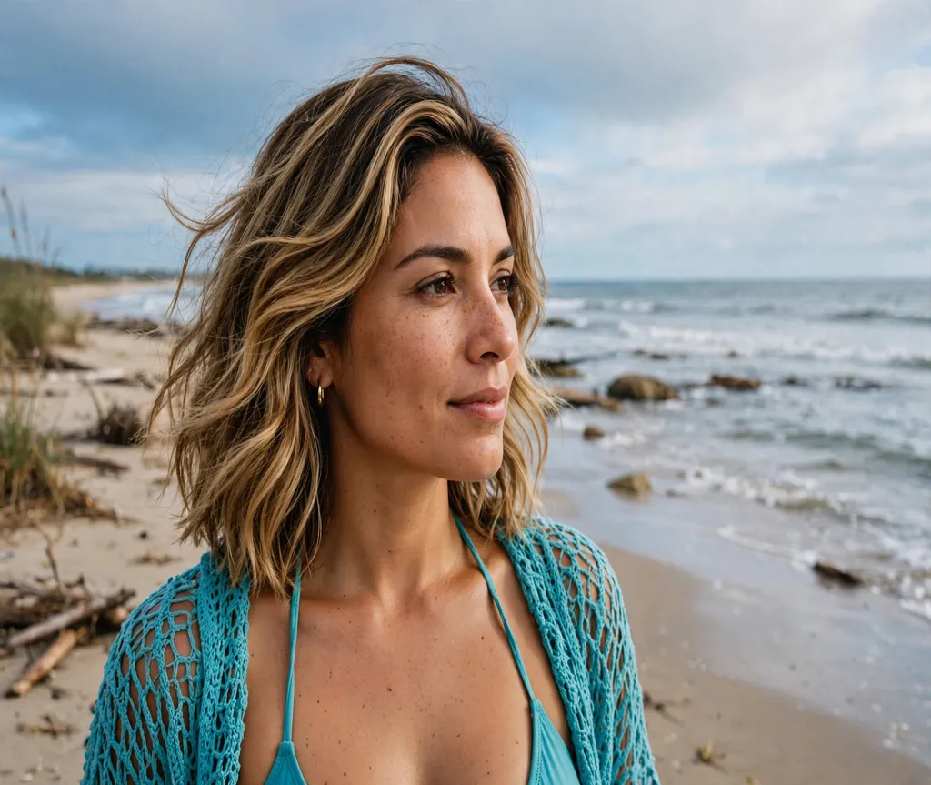 Woman with a sun-kissed beachy lob at the ocean shoreline