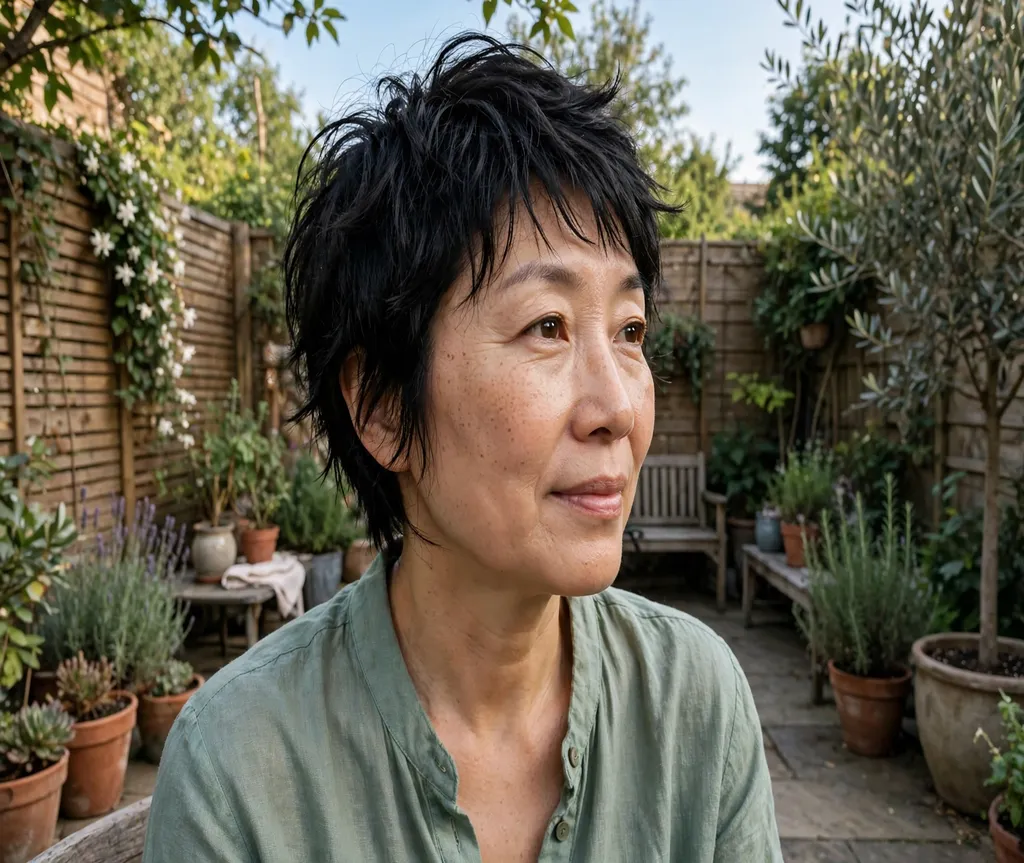 Woman with an airy feathered crop in a garden patio