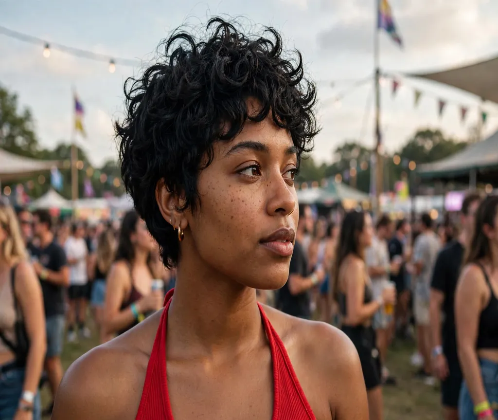 Woman with a curly pixie with volume at a music festival