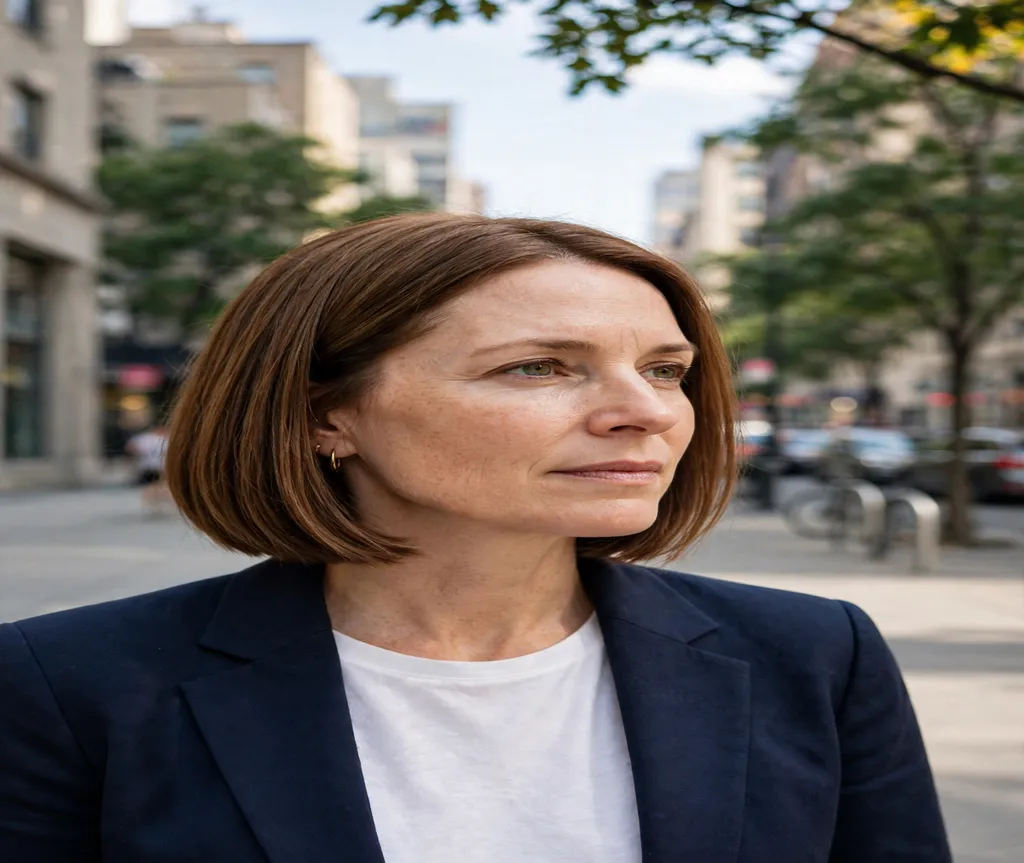 Woman with a sleek chin-length bob on a city sidewalk