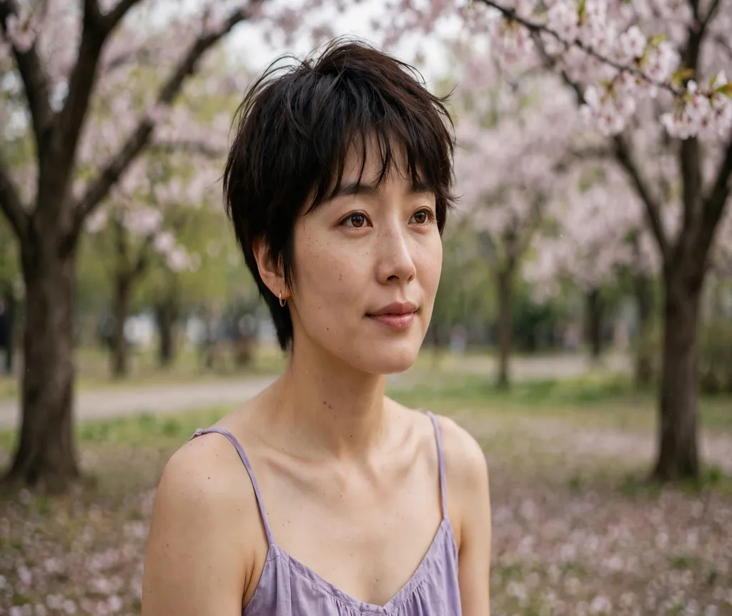 Woman with a wispy bangs pixie in a cherry blossom park