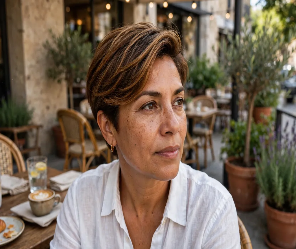 Woman with a side-swept summer crop at an outdoor cafe