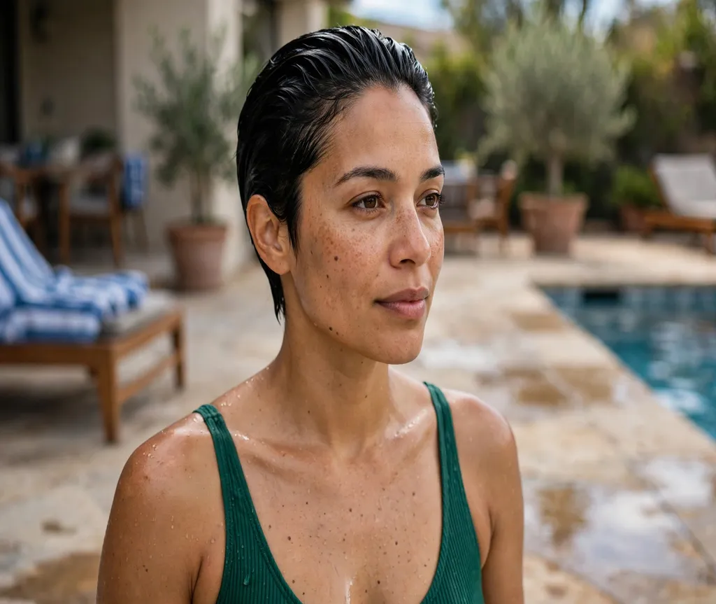 Woman with a wet-look slicked pixie on a pool deck