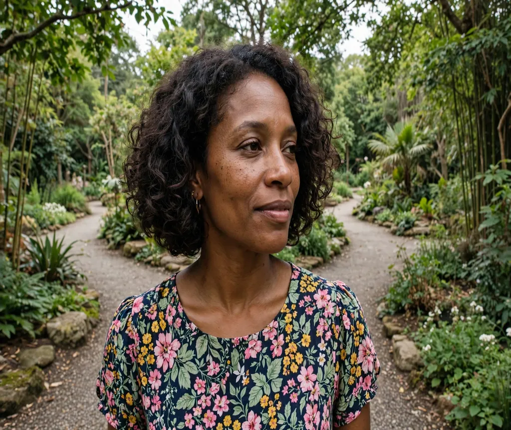 Woman with a bouncy curly bob in a botanical garden