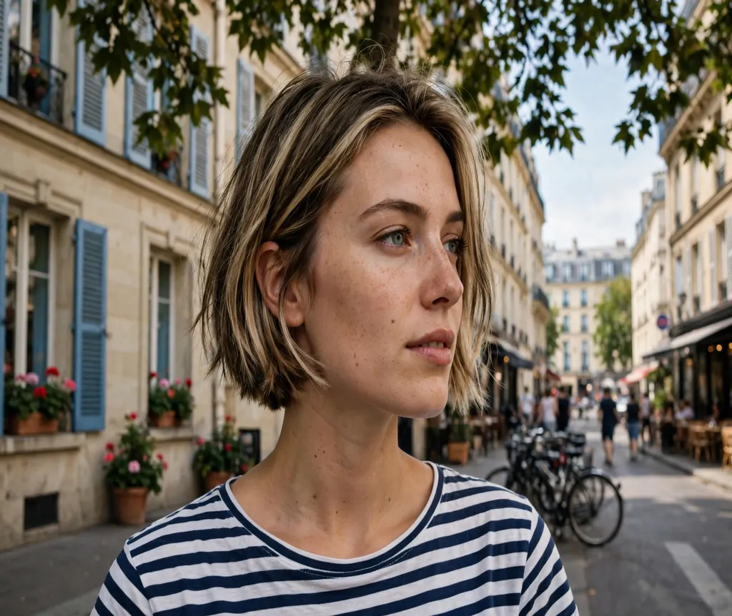 Woman with a textured micro bob on a Paris street